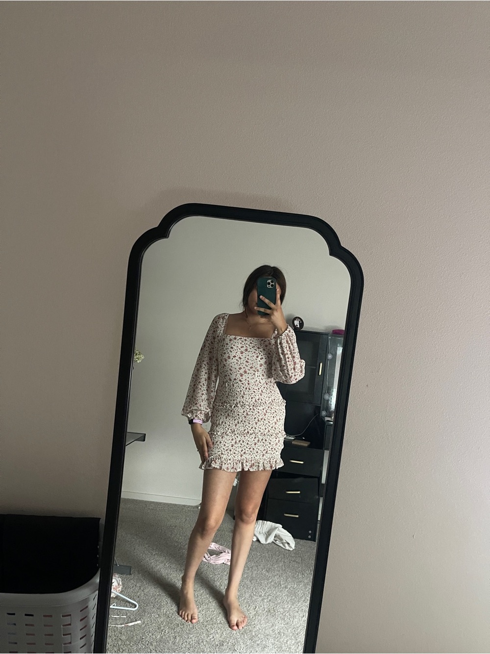 MABLE Cream Floral Square-Neck Smocked Mini Dress